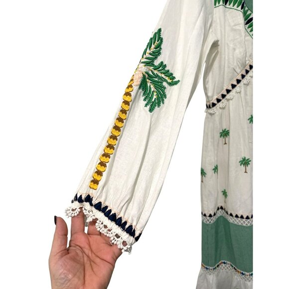 New Farm Rio $425 Embroidered Maxi Dress Palm Tree Long Sleeve Boho Medium - Picture 6 of 9
